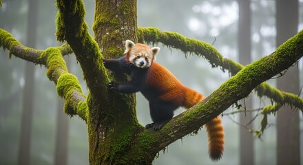 Adorable Red Panda Clinging to Mossy Tree Branch in Misty Forest.