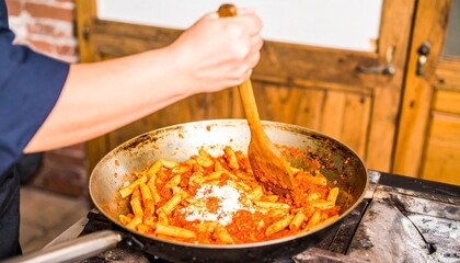 Pasta being cooked in a pan.