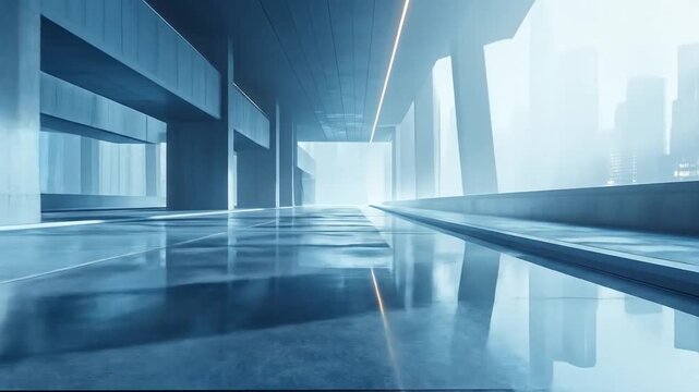 Futuristic architectural design with a reflective surface and bright light.