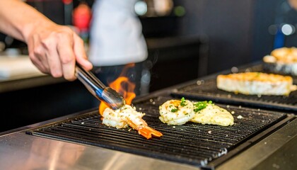 Grilling shrimp and fish on hot grill.