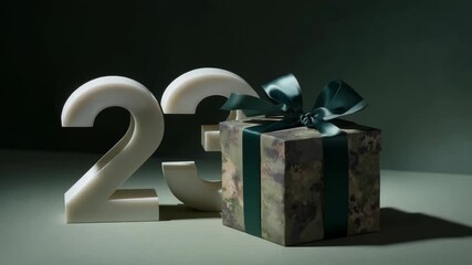 Defender of the Fatherland Day background with gift, numbers 23 in studio