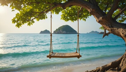 Serene wooden swing hanging from a leafy tree by tranquil ocean waters with rocky islands in the