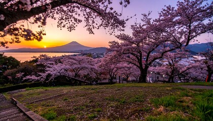 Sakura trees at sunrise near mountain.