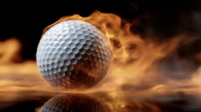 A white golf ball sits amid blazing orange flames, reflected on a glossy surface. and radiant glow!!