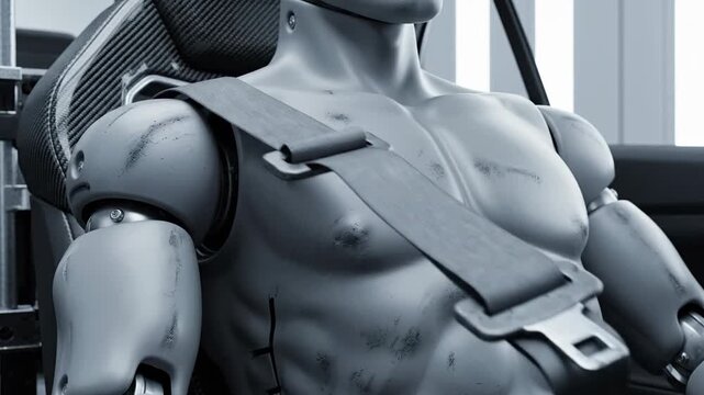 A crash test dummy wearing a seatbelt inside a vehicle, representing automotive safety testing and impact protection.