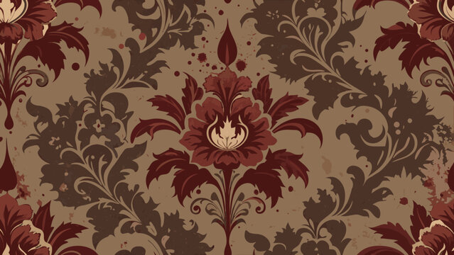 Ornate, distressed damask wallpaper with a rich, dark floral pattern in deep reds and earthy browns. Features a central stylized botanical crest with a modern, fiery emblem. Perfect for vintage, gothi