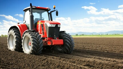 Modern red agricultural tractor on a prepared field under a blue sky, ready for planting season