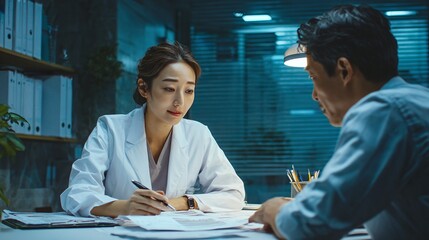 Doctor in white coat consulting with patient at desk with paperwork and office supplies nearby