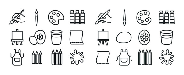 Art supplies icons: brushes, palettes, easels, paint tubes, sketch pads