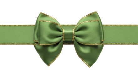 Green satin Christmas bow with elegant gold glitter trim and accompanying ribbon on a transparent background PNG image PNG file.
