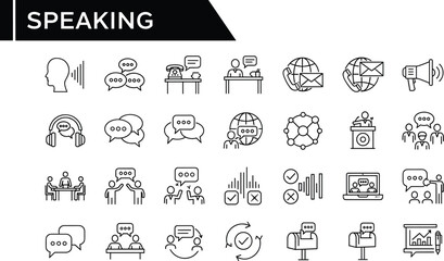 Speaking and communication line icons, global messaging, conversation symbols, discussion teamwork illustrations, public speaking, dialogue and interaction concept graphics