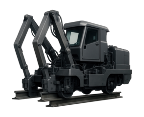 Rail welding machine featuring hydraulic lifting arms and a compact control cabin.