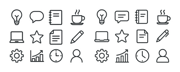 Fototapeta premium Minimalist office icons set: light bulb, speech bubble, coffee, notebook, gear, graphs