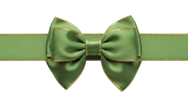 Green satin Christmas bow with elegant gold glitter trim and accompanying ribbon on a transparent background PNG image PNG file.