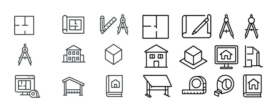 Architectural icons: drafting tools, floor plans, and building symbols