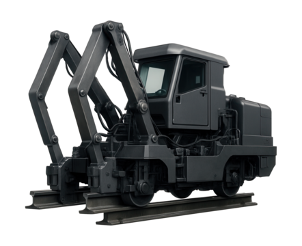 Rail welding machine featuring hydraulic lifting arms and a compact control cabin.