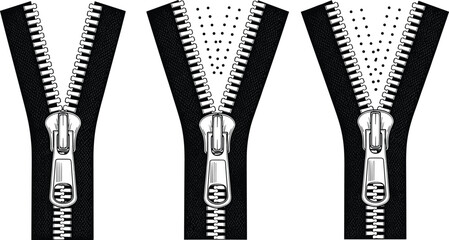 Vector illustration of open zippers, detailed zipper pull design, fashion accessory element, clothing fastener mockup, garment textile hardware graphic © Rafin's World