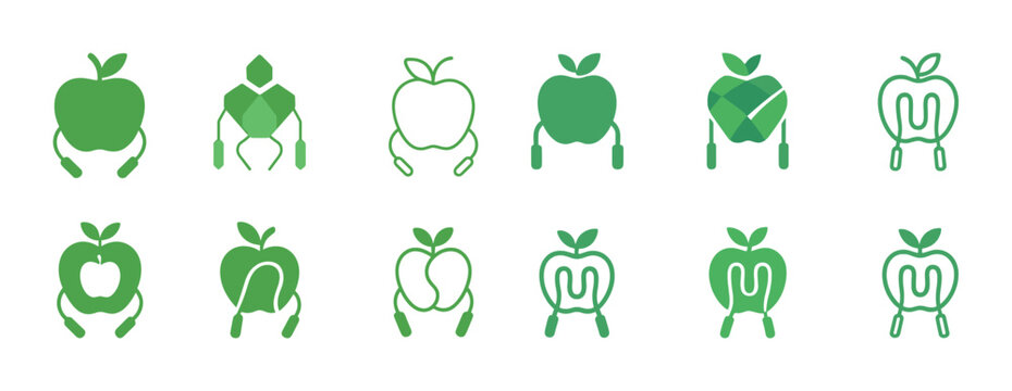 Collection of green apple logos with headphones - minimalist fruit design