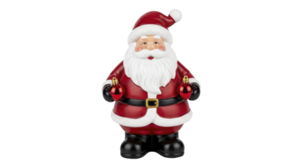 Christmas Santa Claus figurine holding two red ornaments on a transparent background PNG image