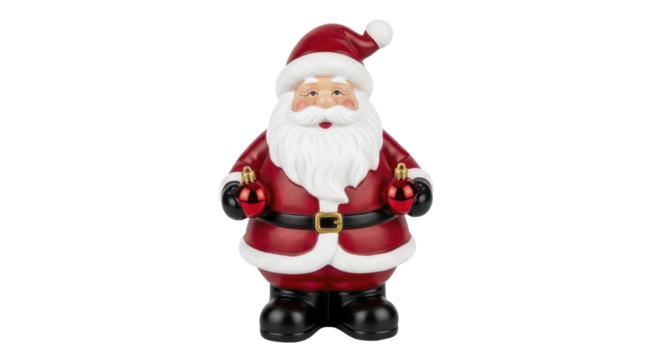 Christmas Santa Claus figurine holding two red ornaments on a transparent background PNG image - Powered by Adobe