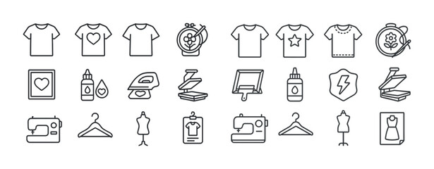 Clothing and craft tools: t-shirts, embroidery, sewing, and ironing icons set