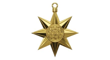 Golden Christmas Star Ornament with Ornate Center on a Transparent Background PNG Image