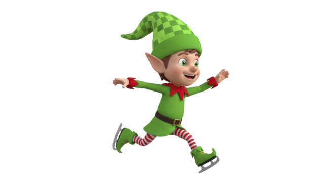 Happy Christmas elf on ice skates running cheerful on a transparent background PNG image