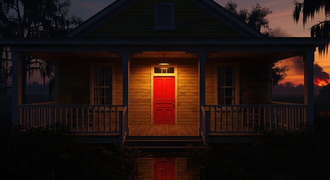 An old abandoned stone house at night, featuring a single lit window and dark architecture