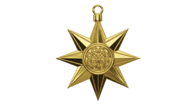 Golden Christmas Star Ornament with Ornate Center on a Transparent Background PNG Image