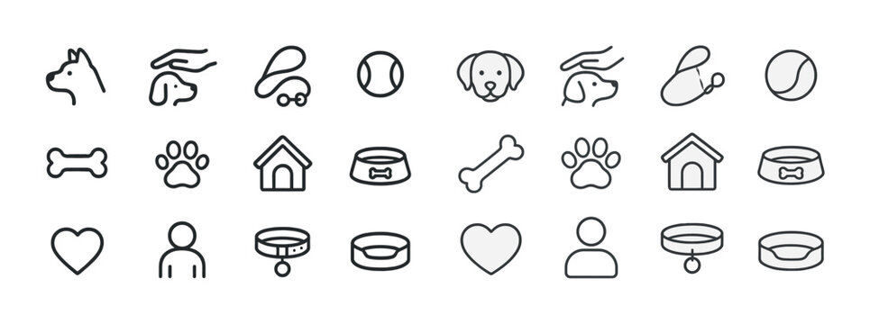 Dog icon set: bones, bowls, collars, paws, hearts, people - outlined pet graphics
