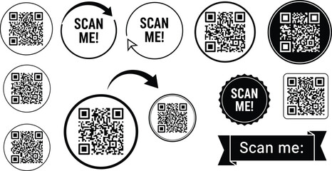 QR code labels, scan me icons, marketing prompts, digital interaction, circular frames, arrows, banners, rectangular tags, vector design, promotional graphics, mobile scan, QR templates, scan symbols