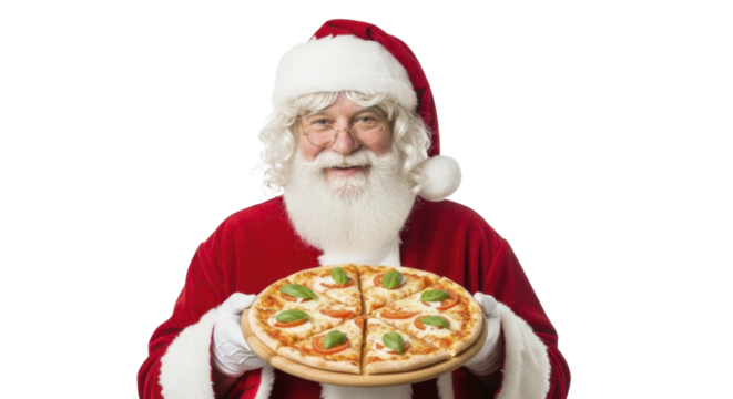 Santa Claus holding fresh pizza with basil and tomatoes on a transparent background PNG image file