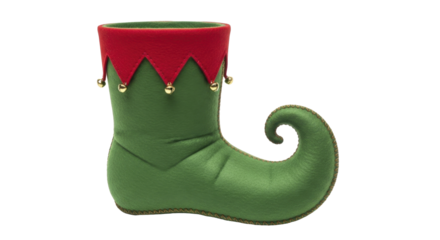 Green and red Christmas elf boot with jingle bells and curled toe on a transparent background, PNG image, PNG file