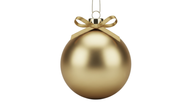 Gold Christmas ornament with bow hanging on a transparent background PNG image