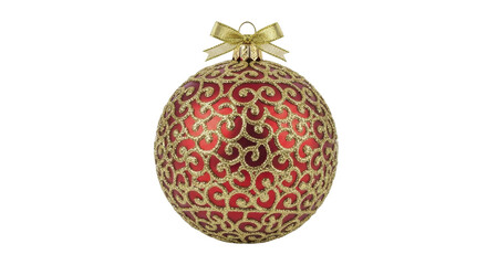 Festive red gold Christmas bauble with glitter scrollwork and bow on transparent background PNG image