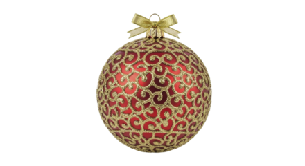 Festive red gold Christmas bauble with glitter scrollwork and bow on transparent background PNG image
