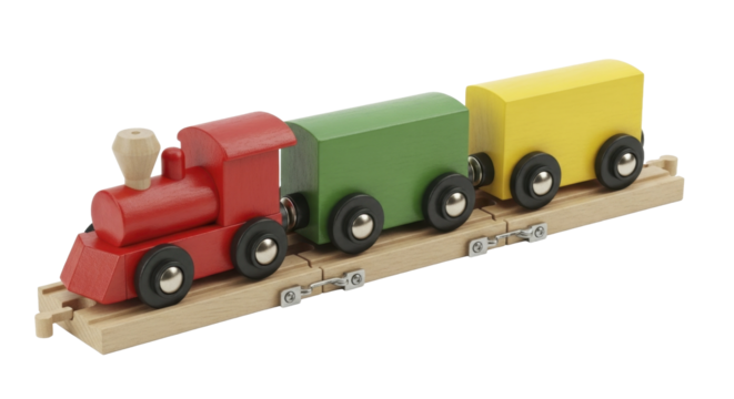 Festive wooden toy train with red engine green yellow wagons on tracks transparent background PNG file