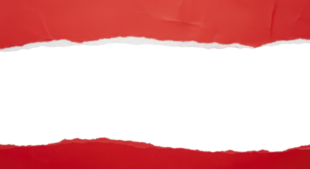 Torn red paper strips with rough edges revealing white space on a transparent background PNG image file