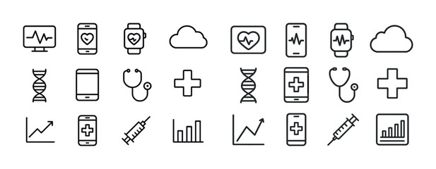 Healthcare icons: heartbeat, stethoscope, dna, graphs, cloud