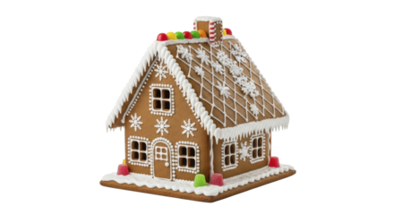 Festive Gingerbread House Decorated with Icing Snowflakes and Colorful Candies on a Transparent Background PNG image