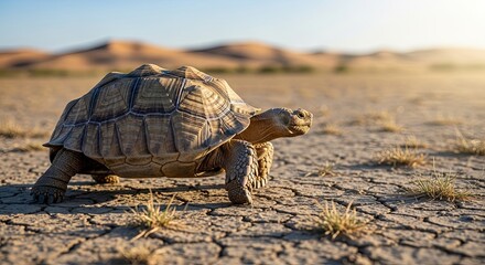 African Spurred Tortoise Walking Across Dry Cracked Earth in Desert Landscape.