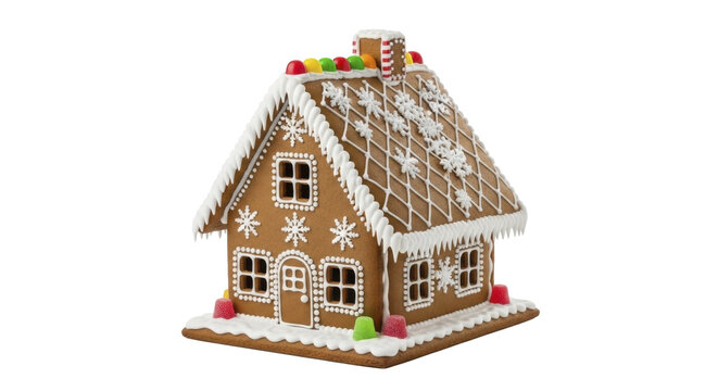 Festive Gingerbread House Decorated with Icing Snowflakes and Colorful Candies on a Transparent Background PNG image