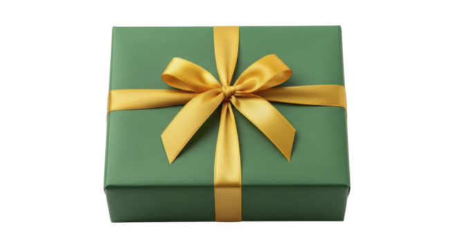  Green gift box with gold ribbon and bow, perfect for holiday celebrations, on a transparent background PNG image PNG file