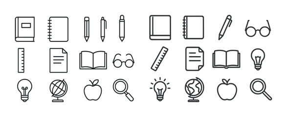 Outlined educational icons: books, pencils, notebooks, light bulbs, globes, and more