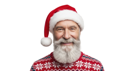 Smiling Santa Claus with white beard in red hat and sweater on a transparent background, PNG image, PNG file