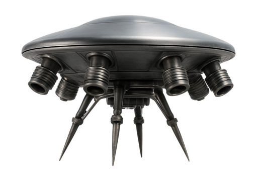 Disc-shaped lander featuring perimeter thrusters and anchoring spikes for stability.