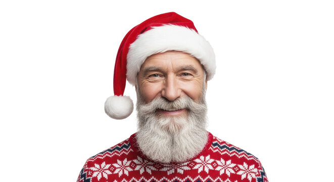 Smiling Santa Claus with white beard in red hat and sweater on a transparent background, PNG image, PNG file - Powered by Adobe