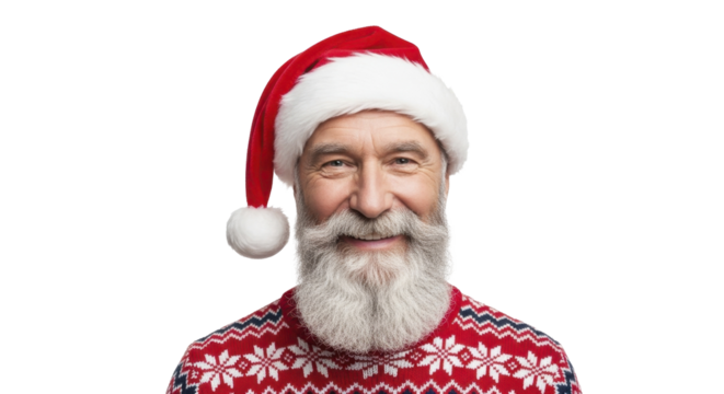 Smiling Santa Claus with white beard in red hat and sweater on a transparent background, PNG image, PNG file