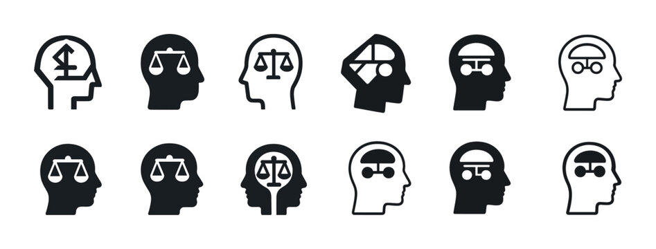 Set of legal and analytical icons featuring brain and scales elements in profile heads