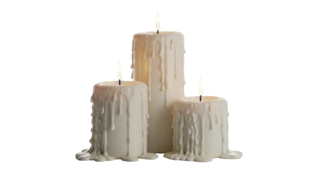 Three white melted wax burning pillar candles with flickering flames on a transparent background PNG image file